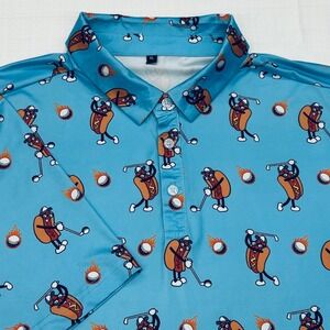 Funny Golf Polo Mens XL Hot Dog Flaming Golf Ball Print Light Blue Performance